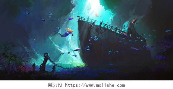 美人鱼围绕着海底的沉船数字绘画